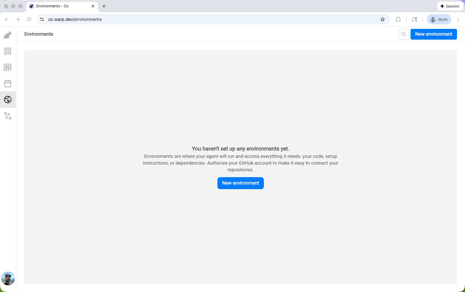 The Environments page in the Oz web app.